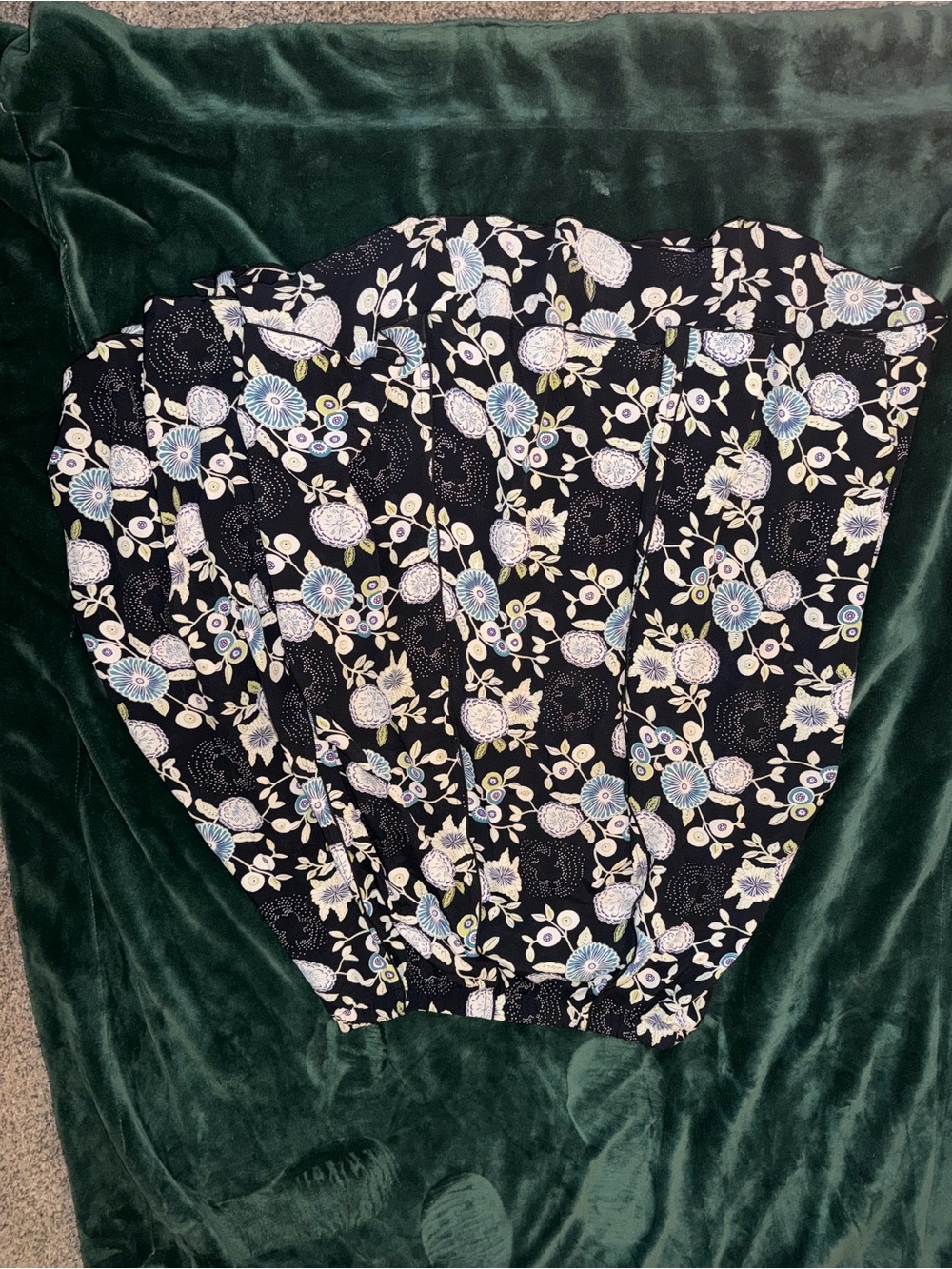 Floral Elastic-Waist Midi Skirt in Black with Blue Flowers